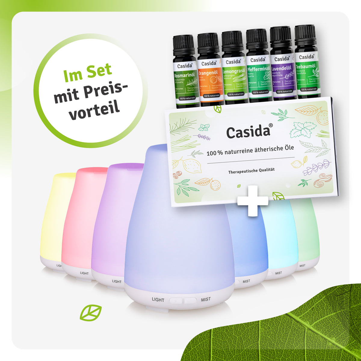 Aroma diffuser set with six colorful diffusers and essential oils in green and purple bottles, featuring a product informa...