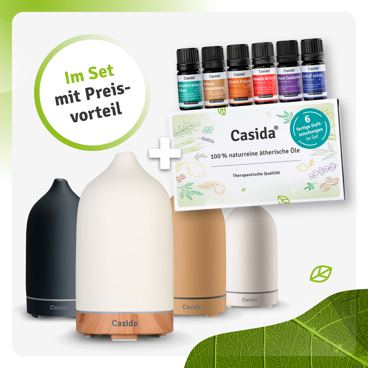 Keramik Aroma Diffuser set with three diffusers in black, white, and beige, plus six essential oil bottles and a card.