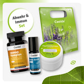 Abwehr & Immun Set featuring Immun Komplex, Atme durch spray, and Thymianbalsam in a green Casida bag.
