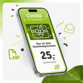 Digital gift voucher displayed on a smartphone, featuring a green design with a €25 value and decorative icons.