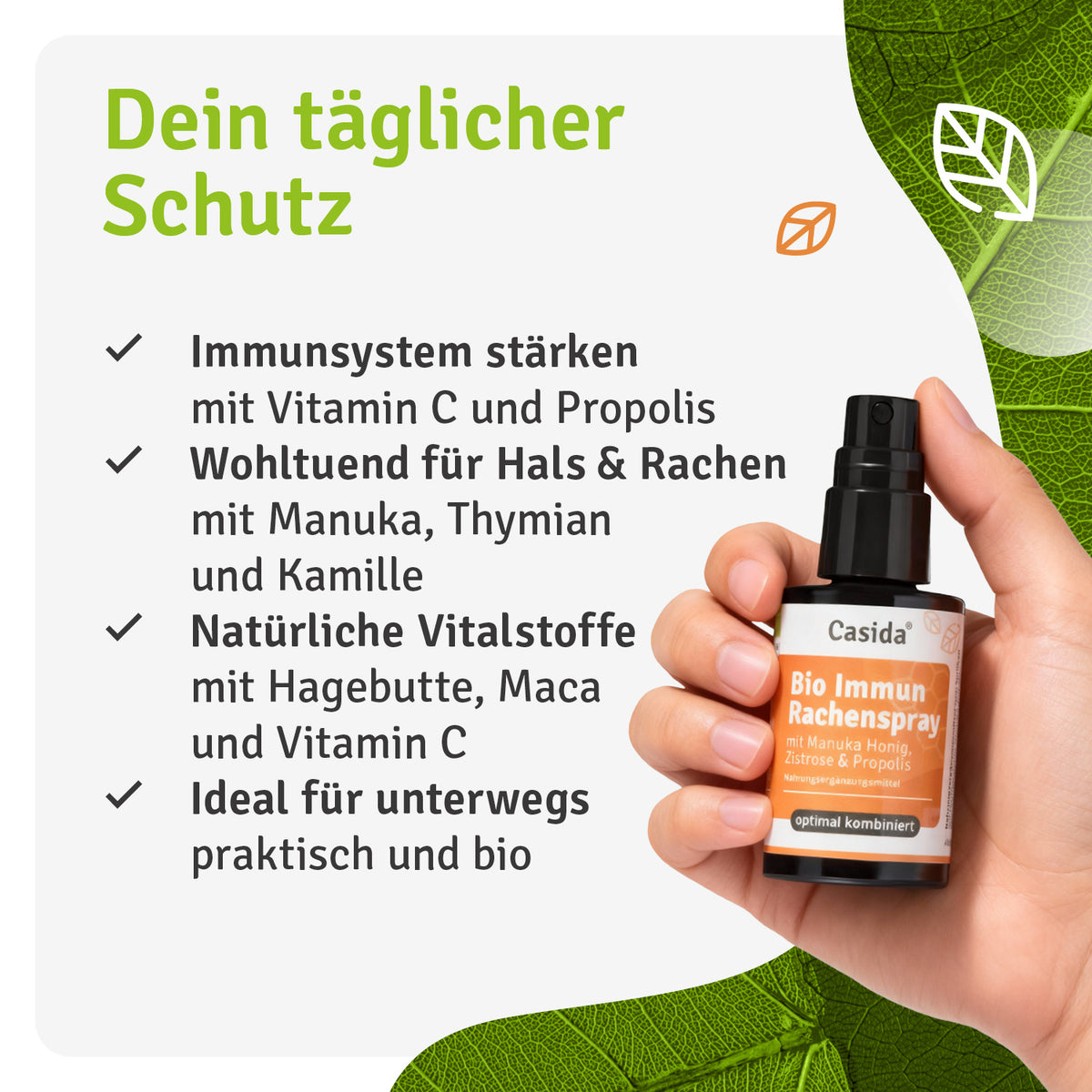 Hand hält Casida Bio Immun Rachenspray neben einer Übersicht der Inhaltsstoffe und Einsatzgebiete