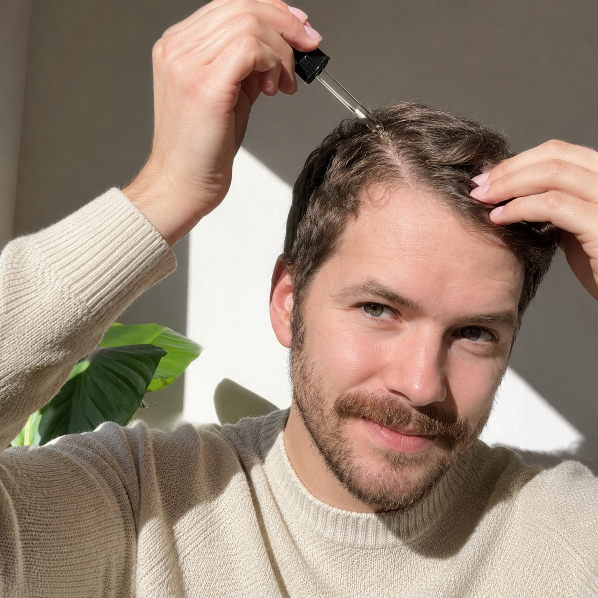 Mann trägt Haarpflegeöl mit einer Pipette auf seinen Haarscheitel auf.