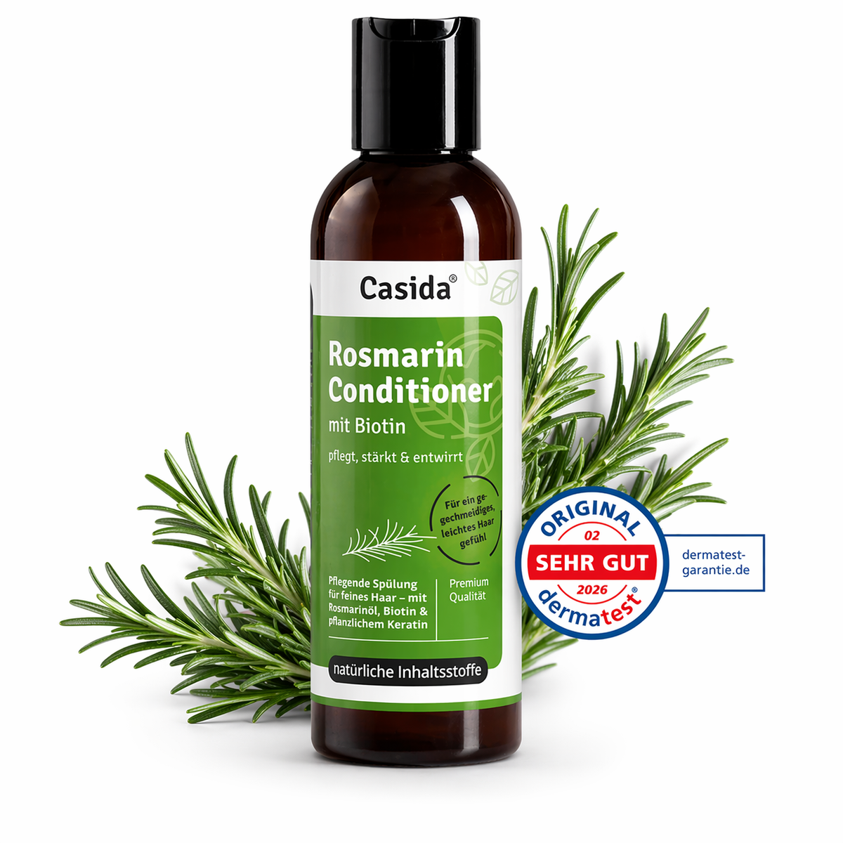 Casida Rosmarin Conditioner mit Biotin neben Rosmarinzweigen und einem Dermatest-Siegel