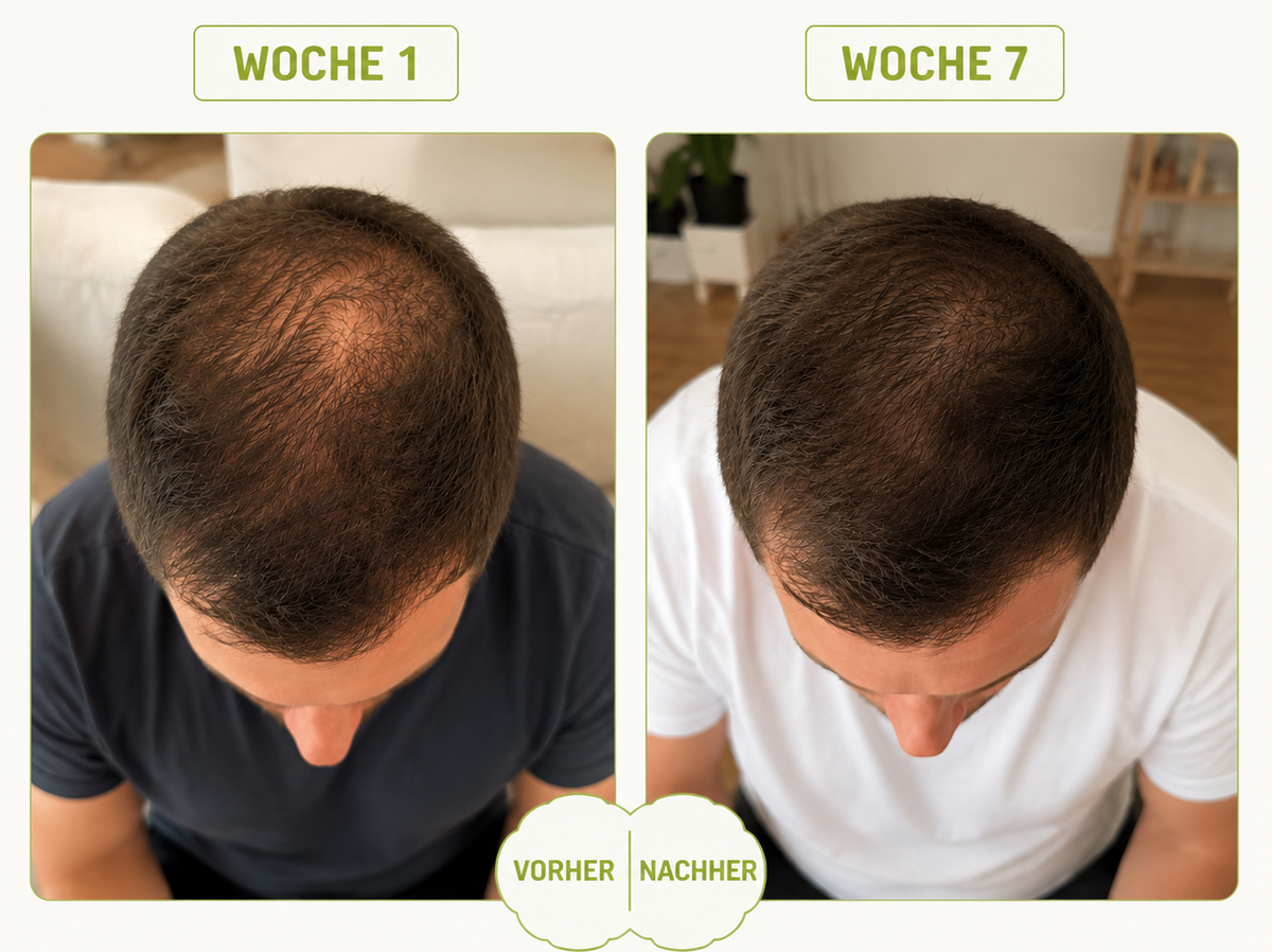 Zwei Hinterkopfaufnahmen als Vorher-Nachher-Vergleich, beschriftet Woche 1 und Woche 7.